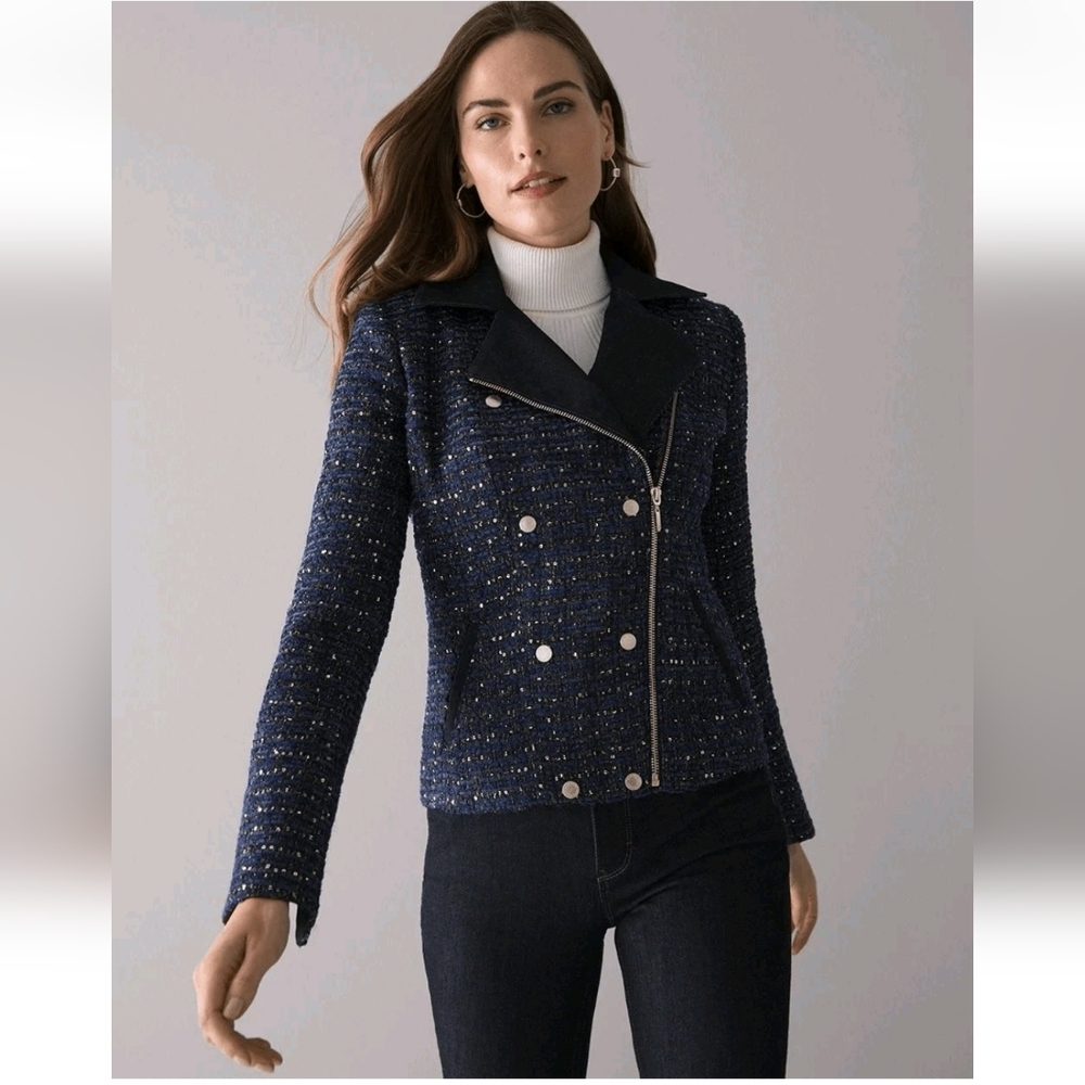 White House Black Market Sequin Tweed Moto Navy Jacket Size 6